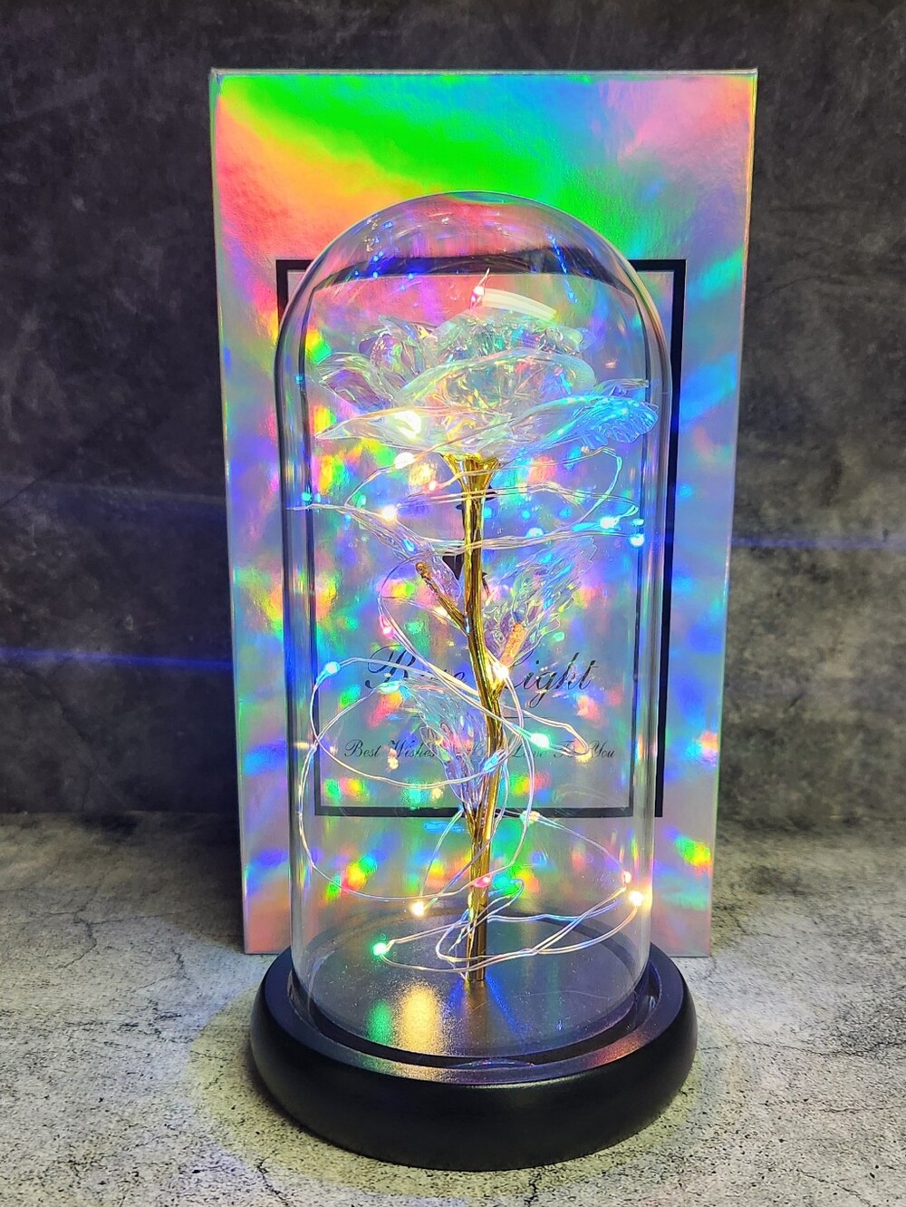 Light-Up Iridescent Rose in Glass Dome Gift Set
